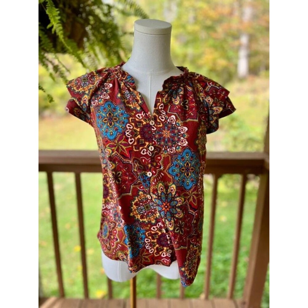Flower & Feather Boho Medallion Print Ruffle Sleeve Blouse Small